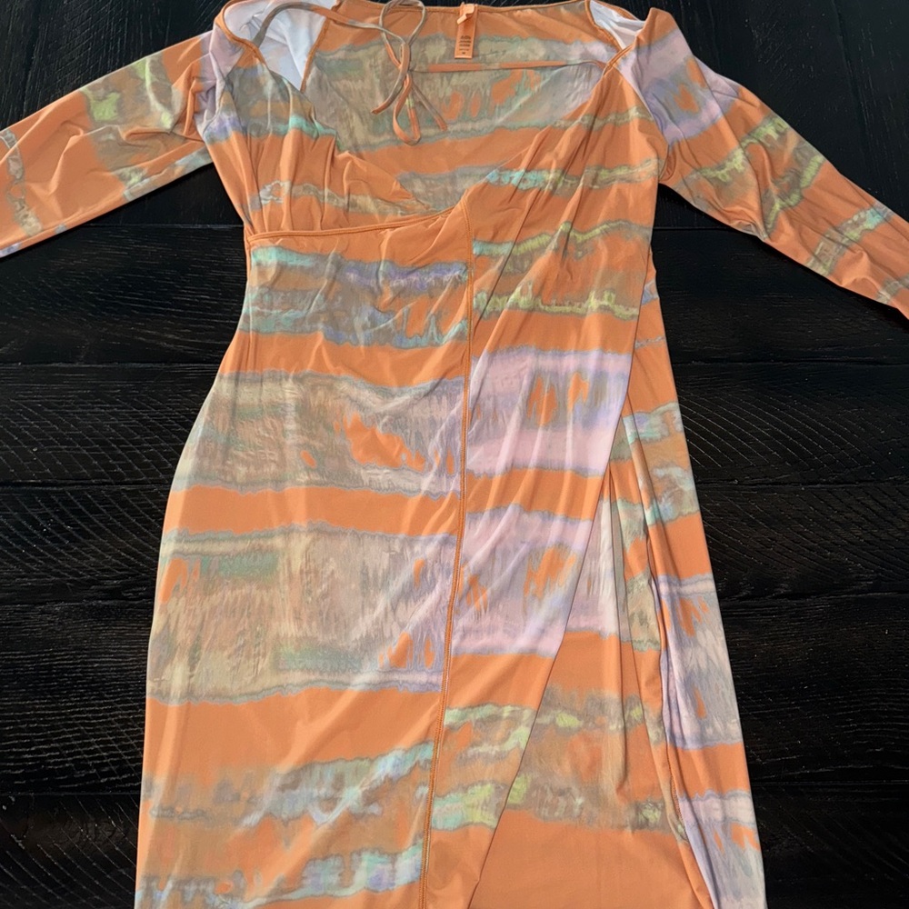 SKIMS Orange and Gray Puff Sleeve Bodycon Dress